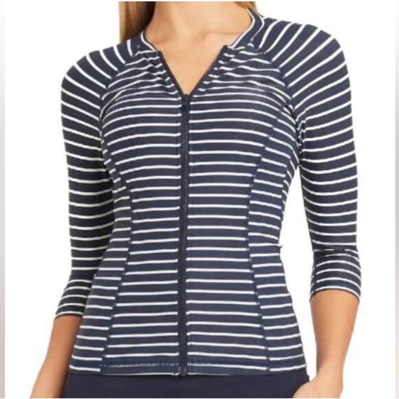 Sea Level Swim Chamarel 3/4 Sleeve Multifit Rash Vest Navy/White Womens US 6 NWT - Picture 1 of 9